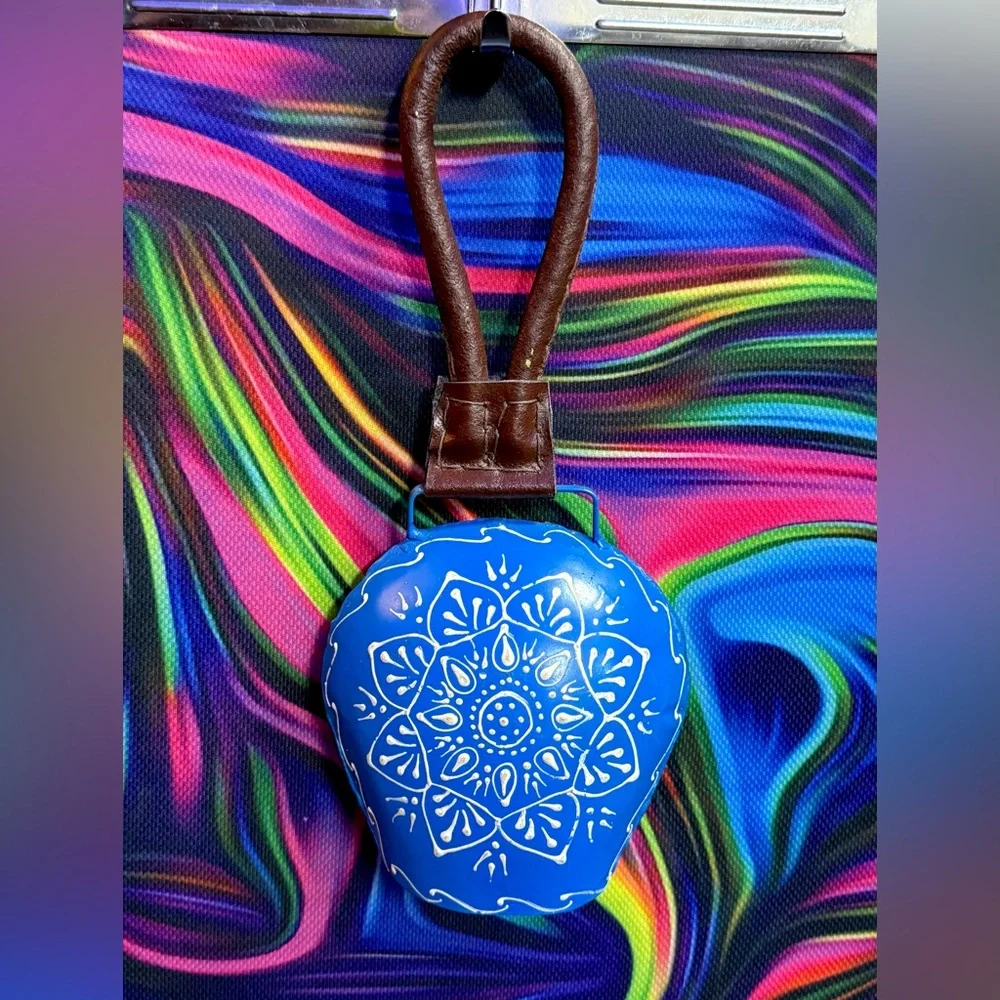 Hand Painted Blue Metal Bell Leather Handle Folk Art Rustic Cottagecore Decor